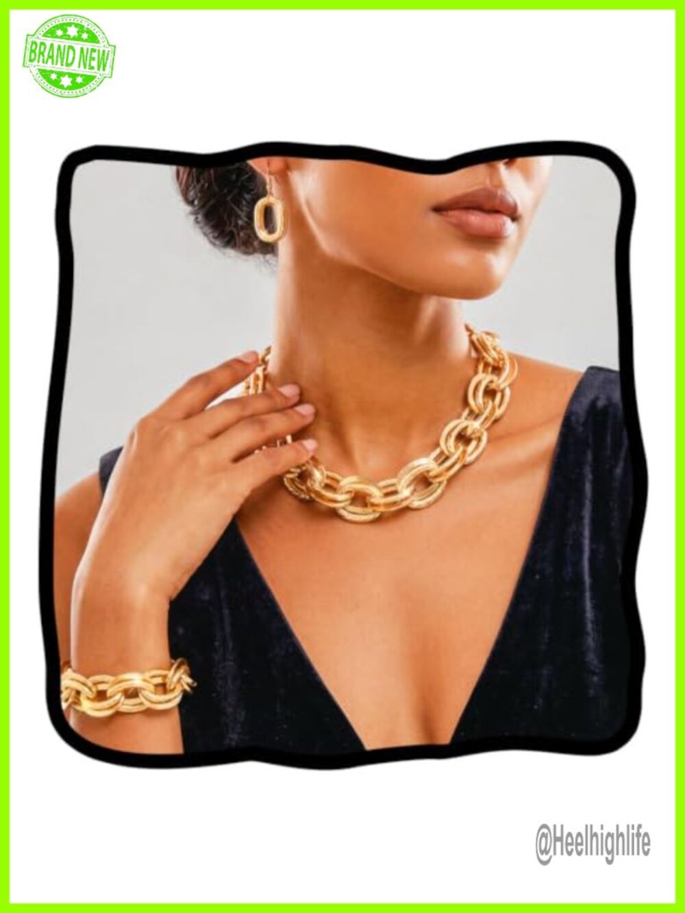 Chunky Gold Link Chain Jewelry Set Choker Bracelet Drop Earrings Adjustable